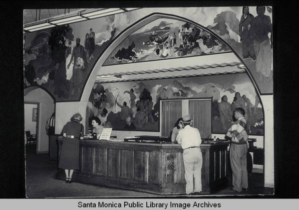 Main library (503 SMB), Circ desk with mural, 193-, M53